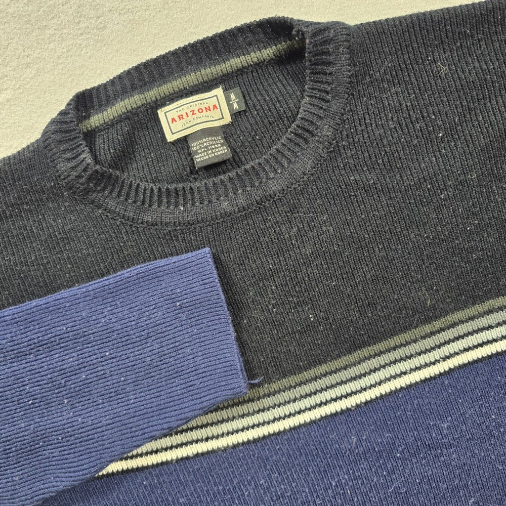 Arizona Mens Medium Navy Colorblock Sweater Striped Ribbed Crewneck Pullover